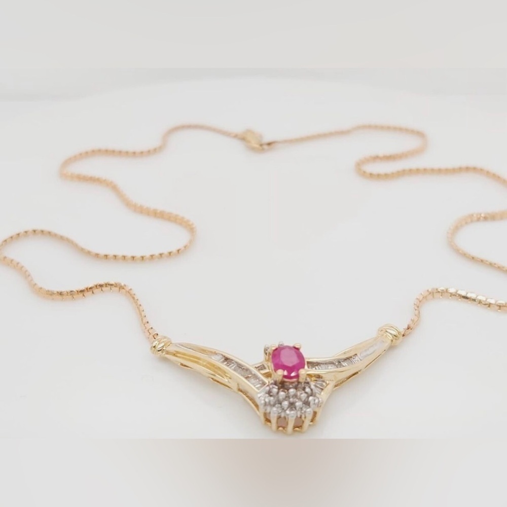 Vintage Italian ADL 10k Gold Ruby & Baguette Diamond Designer Necklace 4.3 grams - Picture 6 of 16